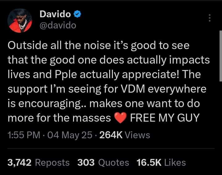 Davido calls for the release of Very Dark Man